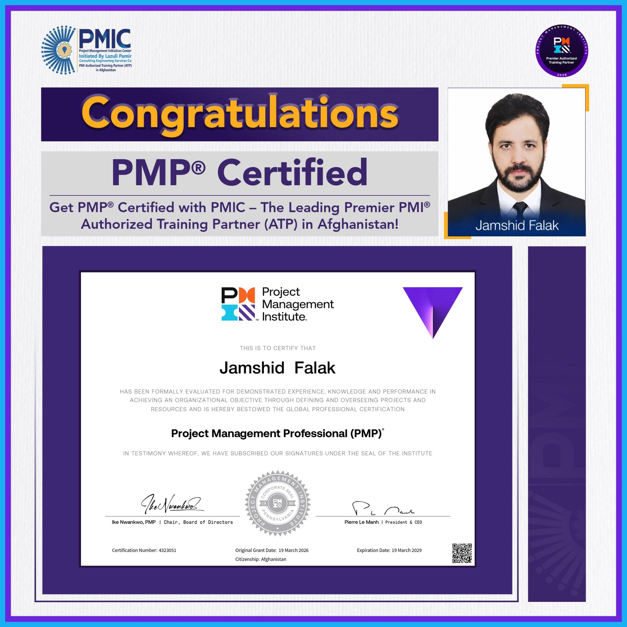 Congratulations to Jamshid Falak on Achieving PMP®...