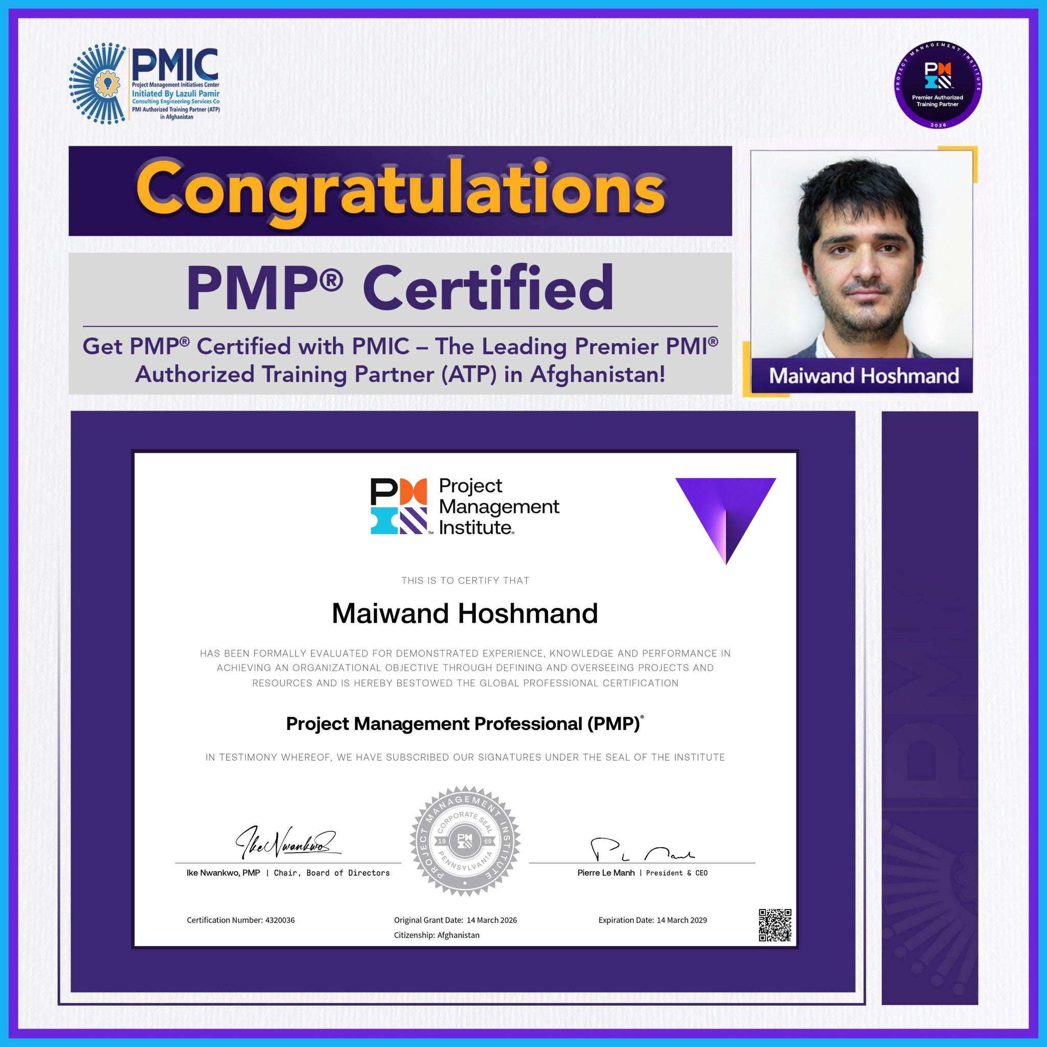 Congratulations to Maiwand Hoshmand on Achieving P...