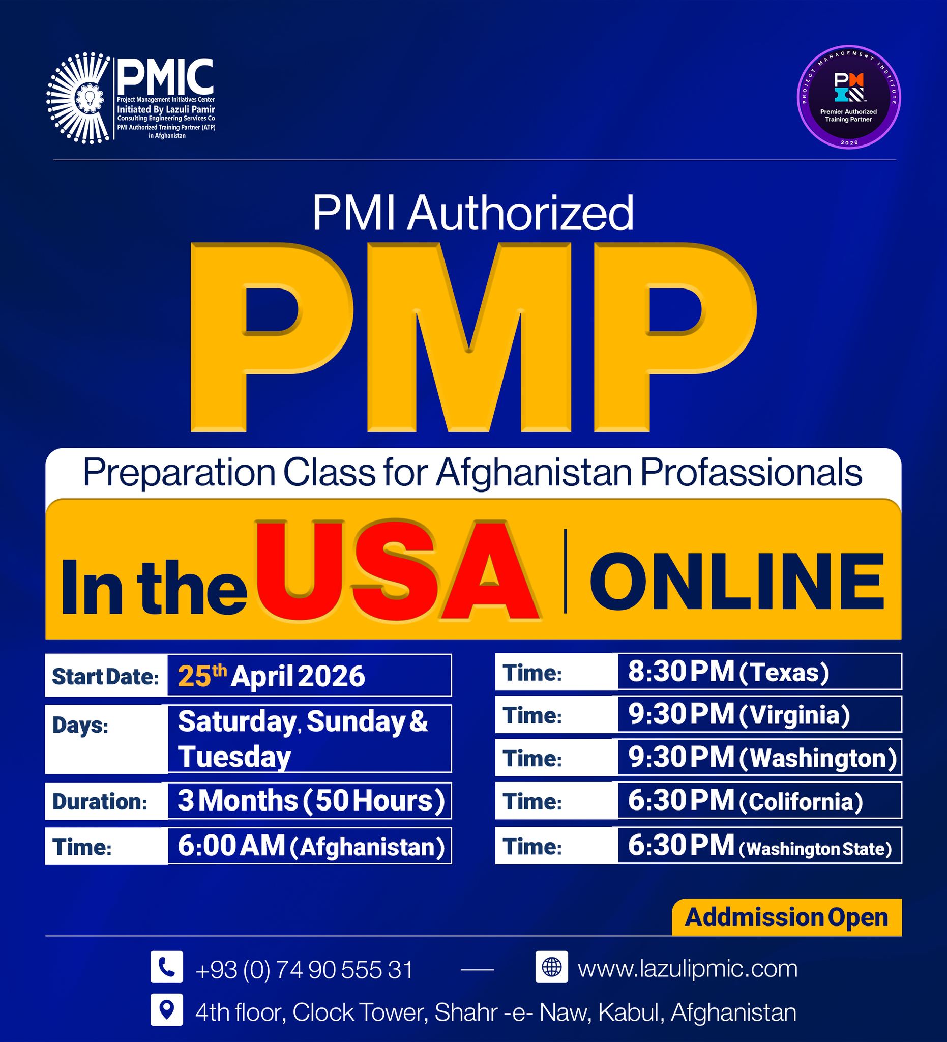 PMP® Online Training for Afghanistan Professionals in USA – PMI Authorized Course by PMIC